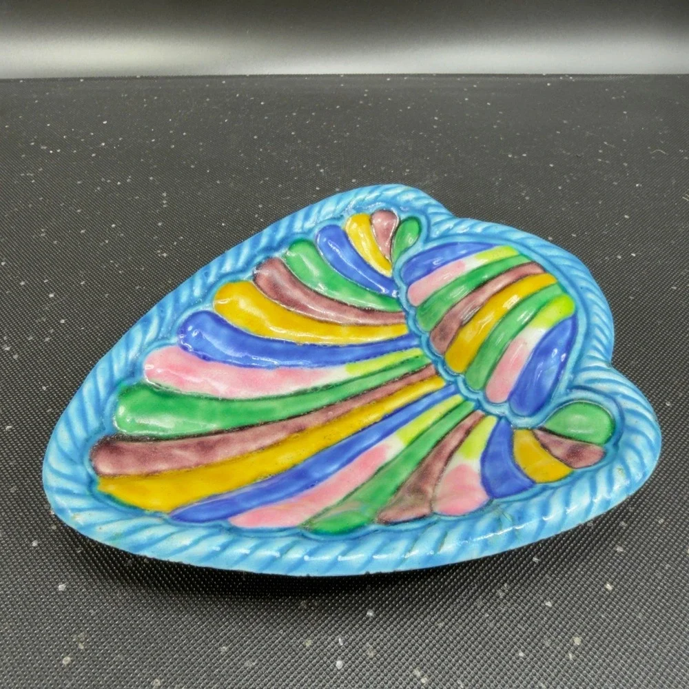 Vintage Enameled Metal Seashell Trinket Dish Multi Color Scallop Shell Tray Dish